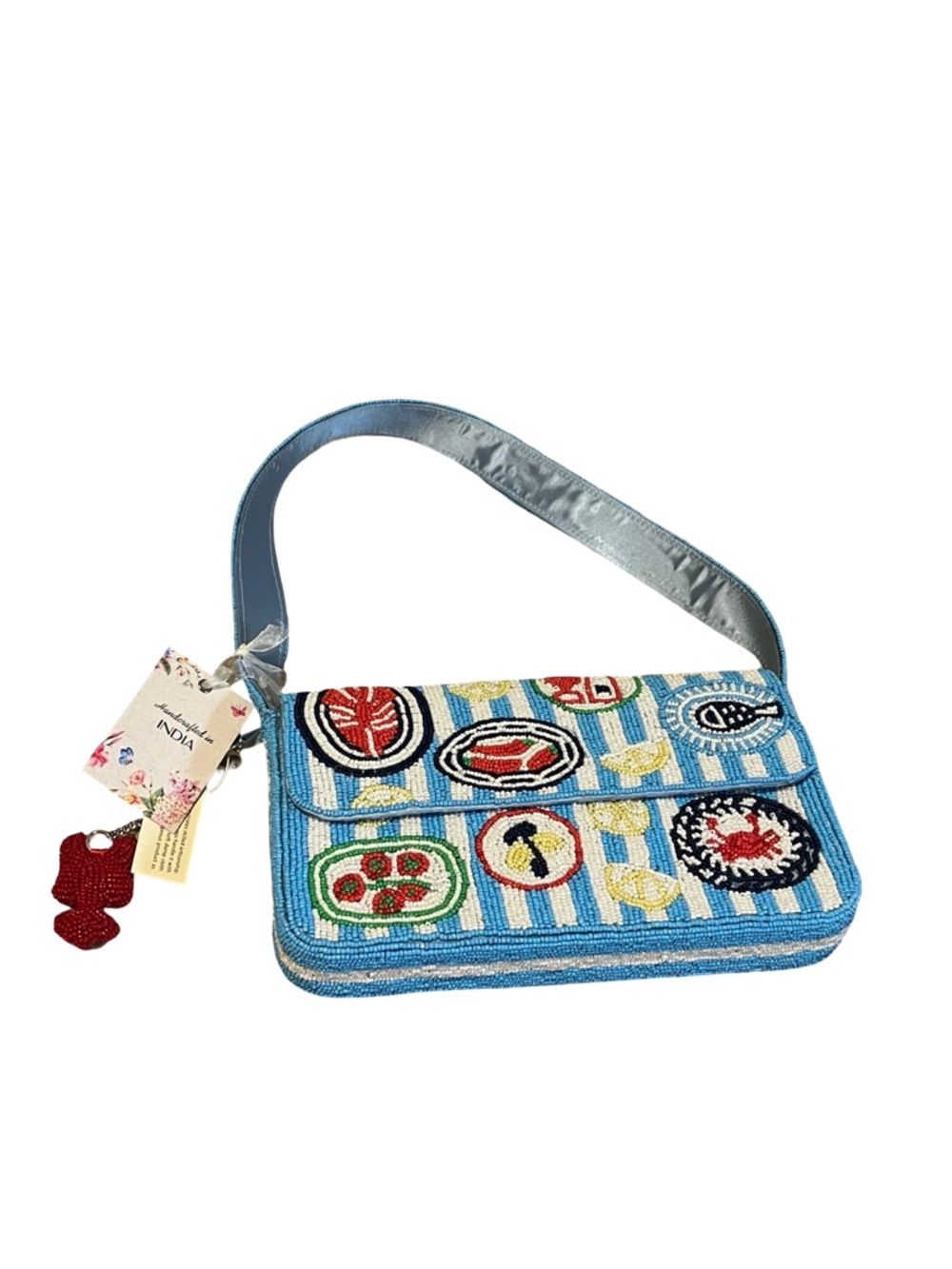 India Beaded Lobster beaded  Seafood Plate Lemons  Nautical Striped Bag